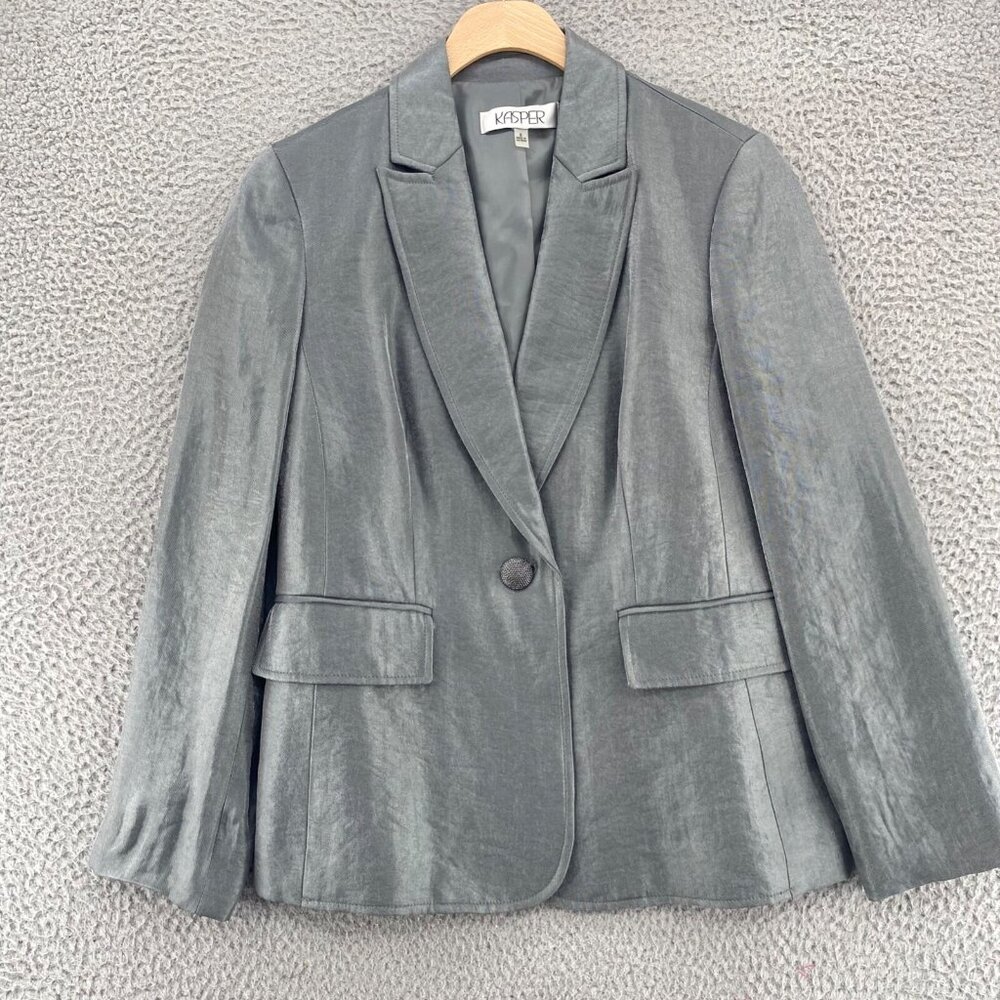 Kasper Blazer Womens 6 Silver Shimmer Peak Lapel Button Front Party Event Formal